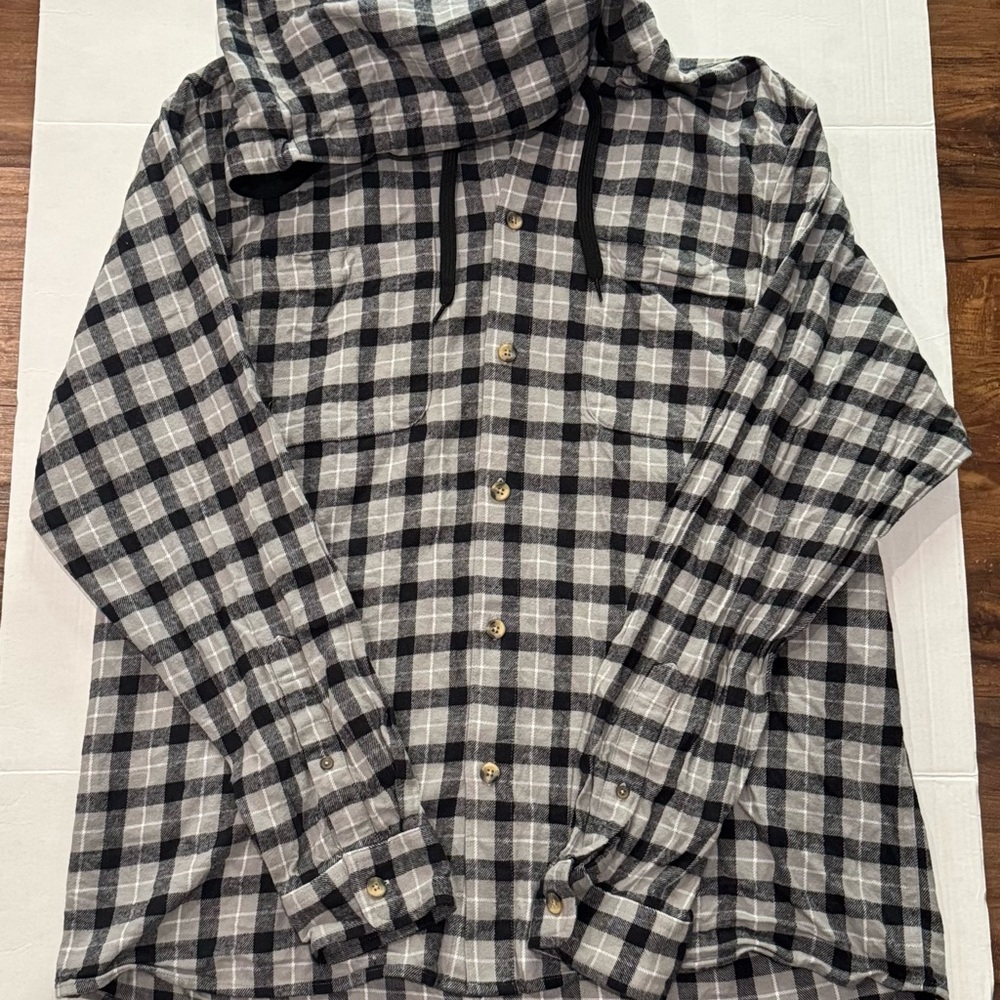 Highland Originals Black-White Plaid Hooded Flannel Button-Up Shirt Sz L Unisex